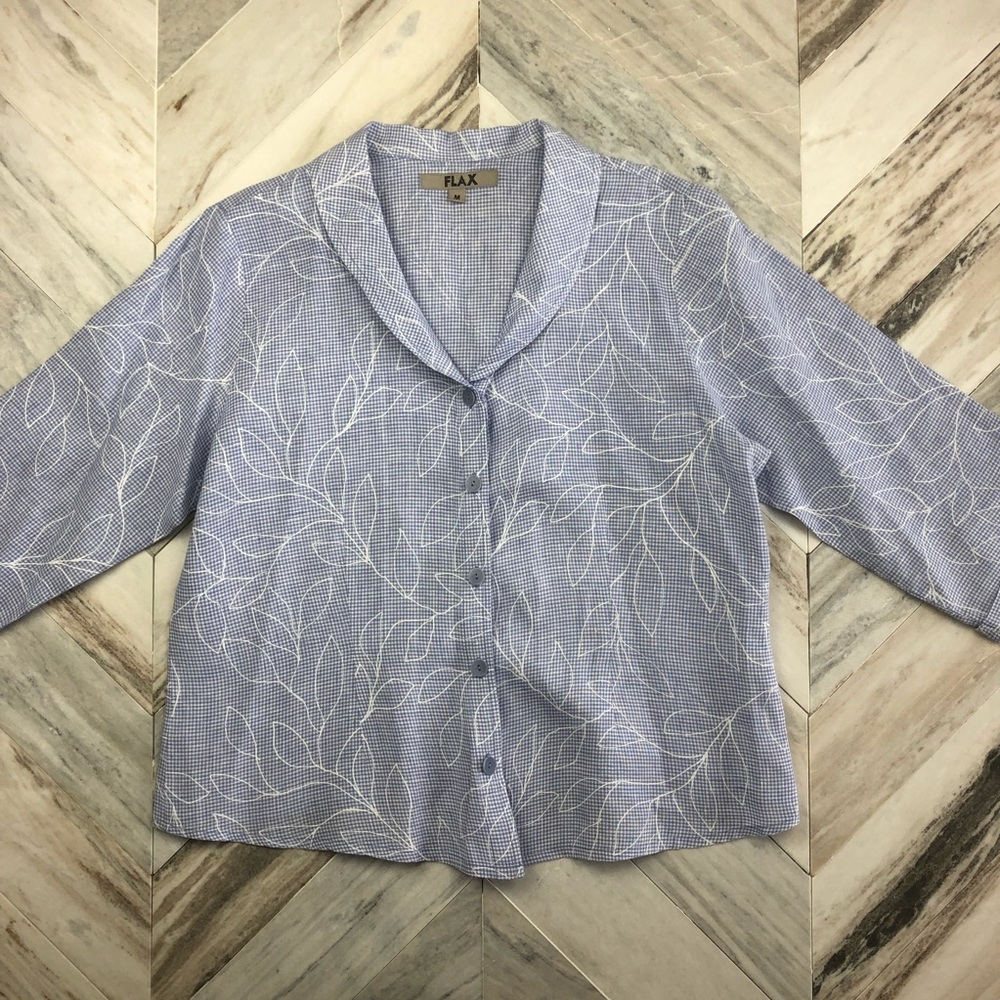 FLAX Linen Floral Gingham ButtonDown Blouse Medium